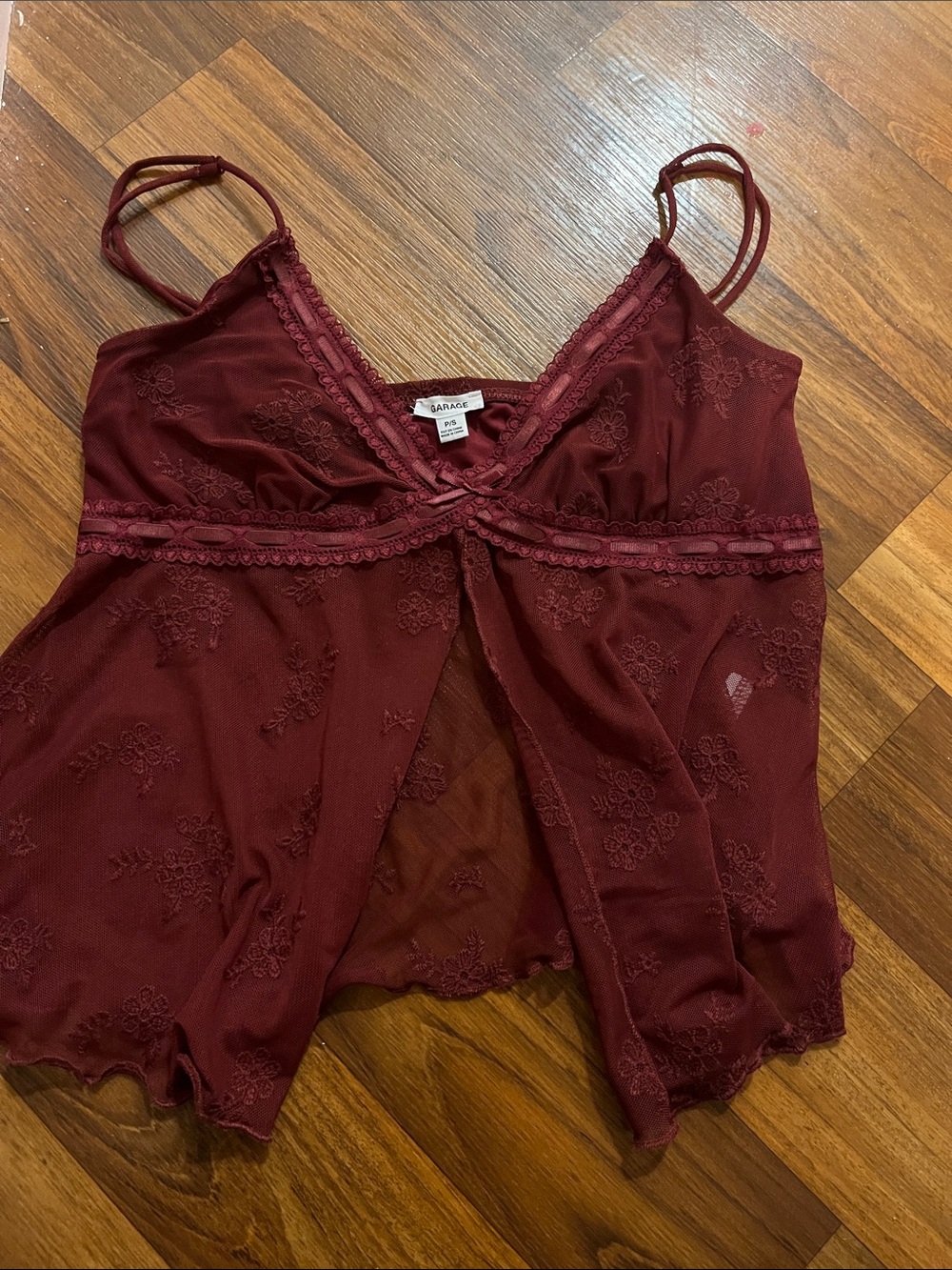 Garage Burgundy Lace-Detail Sheer Cami